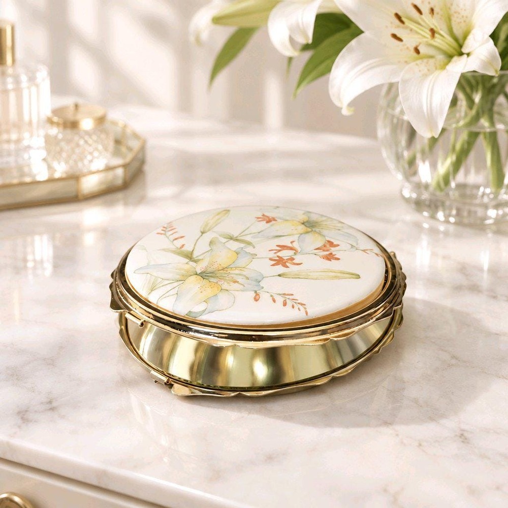 Vintage Dual Mirror Compact Sunny Japan Floral Lily Design